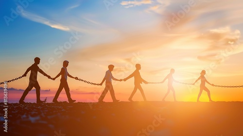 A groupe de personne faisant une chaine humaine en se tenant la main sur l'horizon Ã  contre-jour, concept de solidaritÃ© et d'entre-aide --ar 16:9 Job ID: 882c3ddd-dca7-4b5b-87e1-135e470fd6d3