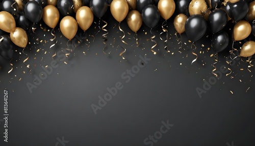 Black and gold balloons arranged on a black background