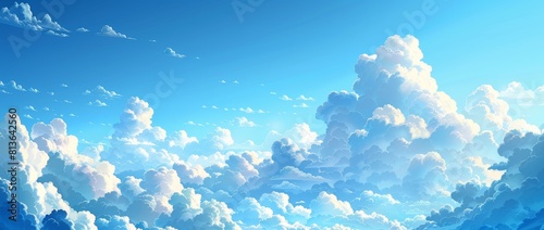 Blue sky with clouds, wide panorama, clear background, banner format, high resolution, high quality, flat design style, bright and soft lighting, no objects in the scene, no perspe