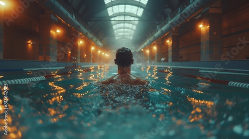 Professional Male Swimmer Trains in a Modern Indoor Swimming Pool Under Soft Lights