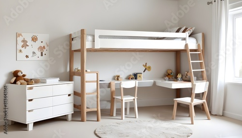 A childs bedroom features a bunk bed with a desk underneath. The room is neatly organized with toys and books on shelves