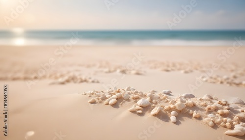 Numerous seashells of various shapes and sizes are scattered across the sandy beach