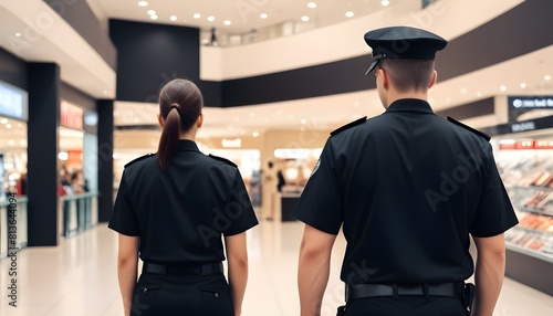 Two uniformed police officers are standing in a bustling mall, observing the surroundings and ensuring public safety