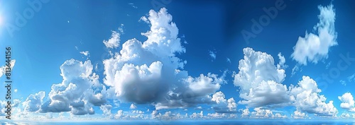 Blue sky with white clouds, panoramic view, wide angle lens, bright light, white cloud texture, high definition photography