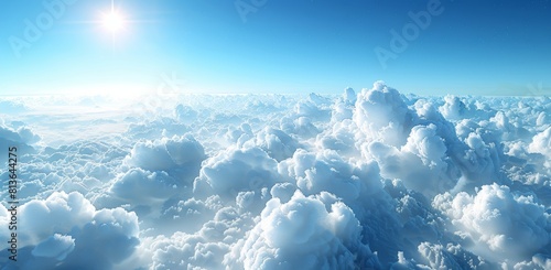 Blue sky with white clouds, panoramic view, horizontal composition, high resolution, ultra detailed, wide angle lens, bright and soft light, clear details of the blue sky, delicate