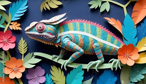A vibrant paper cut out of a chameleon featuring various colors and intricate details