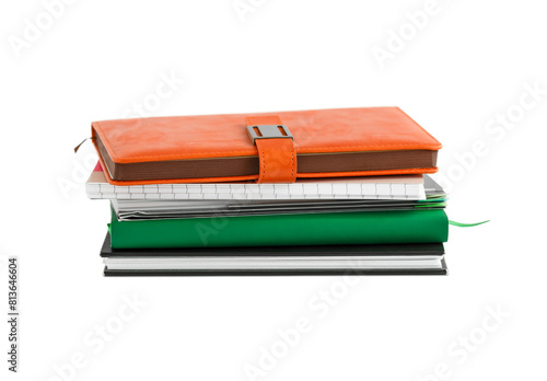 Composition with stack of notepads isolated on white.