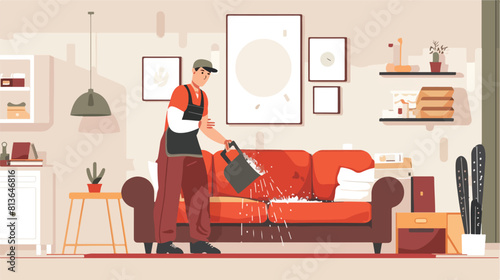 Dry cleaners employee removing dirt from sofa in hous