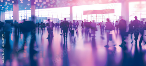 Silhouettes of people walking in a busy airport terminal, reflecting on the shiny floor with cool toned lighting. Blurred image of people in trade show expo, abstract background