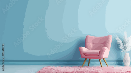 Elegant pink armchair and fluffy carpet near blue wall
