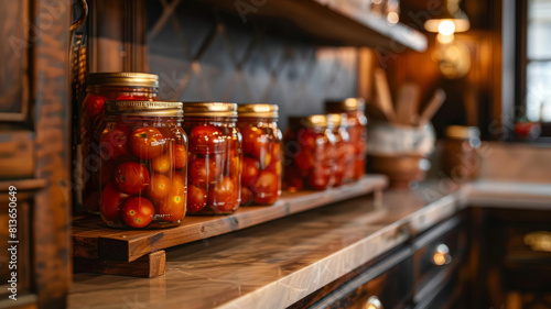 Rows of preserved tomato jars on a kitchen shelf