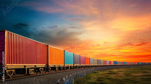 Train freight carrying cargo of shipping container, Import export goods transportation concept