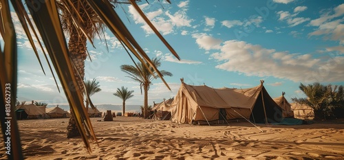 An Arabian camp in the desert with tents and palm tree.