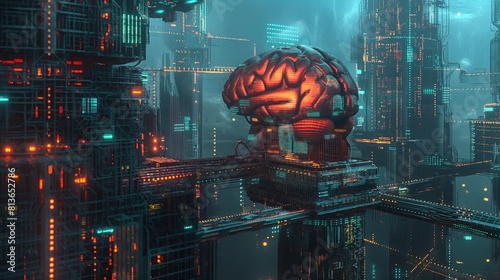 Futuristic brain-chip cityscape: art deco-inspired 3d concept with luminous reflections