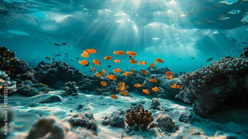 Vibrant Underwater Seascape with School of Tropical Fish and Sun Rays