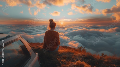 Young Woman Contemplating Sunset Above Clouds Beside Car