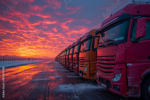 Spectacular sunset behind a lineup of parked trucks