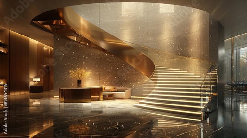 Sumptuous staircase to success, with golden fixtures and an aura of affluence, set in a corporate luxury environment