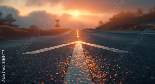 Sunset journey: forward path with directional arrow on open road