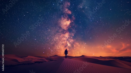 The image is a beautiful landscape of a desert at night. The sky is full of stars and the sand dunes are lit by the moonlight.