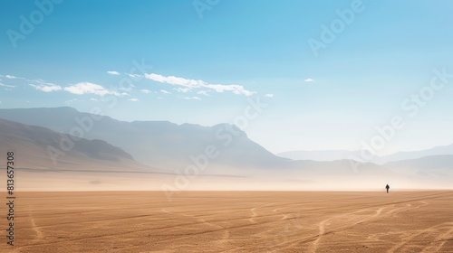 This is a landscape image of a vast desert with a distant mountain range. The foreground is a flat expanse of sand with tire tracks.