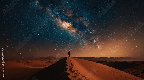 The image is a beautiful landscape of a desert at night. The sky is full of stars and the sand dunes are lit by the moonlight.