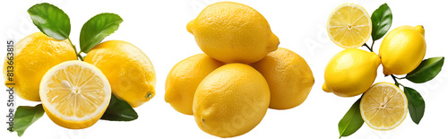 Yellow lemon set, whole and half, closeup front view and top down view, isolated on a white background