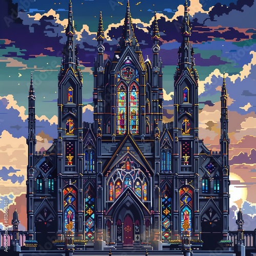 A pixel art image of a gothic cathedral. The cathedral is made of gray stone and has a large stained glass window.