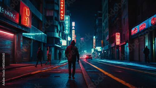 Night city life in neon vector illustration