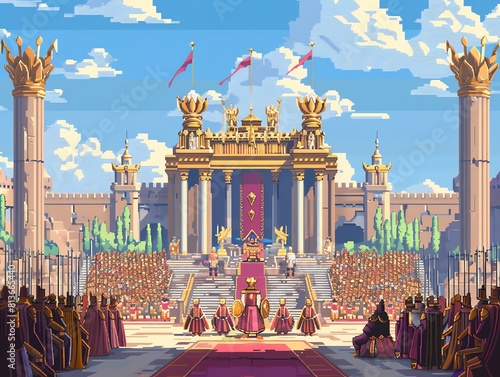 A pixel art image of a grand palace with a large courtyard