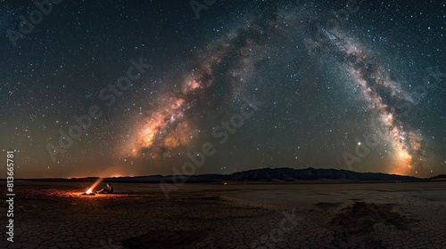 Under a magnificent starry sky, a lone figure sits by a campfire in the middle of a vast desert.