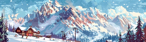 A beautiful winter landscape of a ski resort in the mountains
