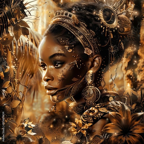 Ancestral Spirit A digital art depiction of a Black woman surrounded by African artifacts, her presence a bridge between past and present, her story told through ancient symbols