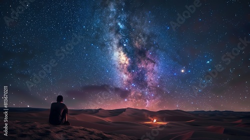 Under a magnificent night sky filled with stars, a lone figure sits on a sand dune, lost in contemplation.
