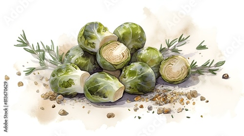 Detailed watercolor painting of brussels sprouts.