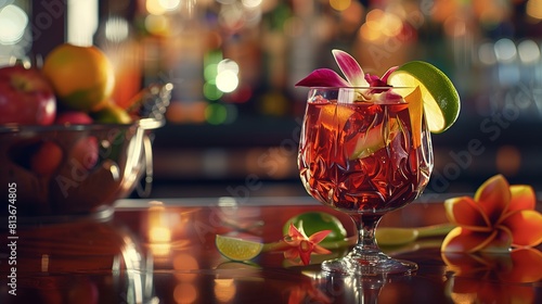 sophisticated tropical sangria served in a fine crystal stemware, garnished with a twist of lime peel and a delicate edible flower, on a polished mahogany bar