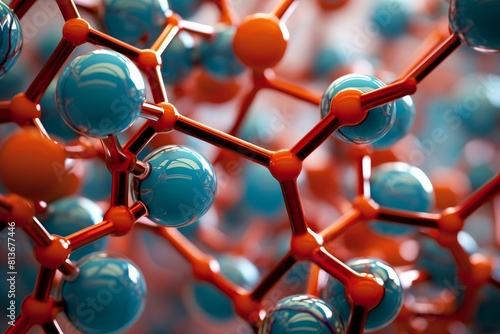 Closeup 3d molecular structure illustration with atoms and chemical bonds on blue and orange background for scientific concept. Chemistry. Science. Research. And education in biochemistry