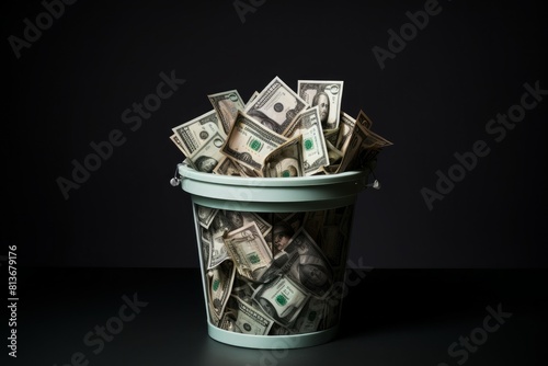 Turquoise bucket overflowing with various denominations of us dollars against a dark background