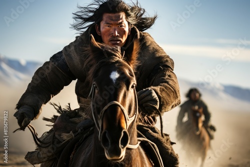 Tense moment captured as a man rides fiercely on horseback through the desert with another rider in pursuit