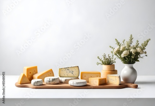 Different types of cheeses arranged on a wooden board, including hard, soft, and blue cheeses
