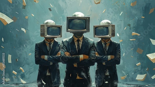 Surreal Business Concept With Three Men in Suits Wearing Retro TV Heads in a Blue Toned, Abstract Setting