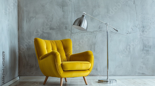 A yellow armchair sits in front of a gray wall. 