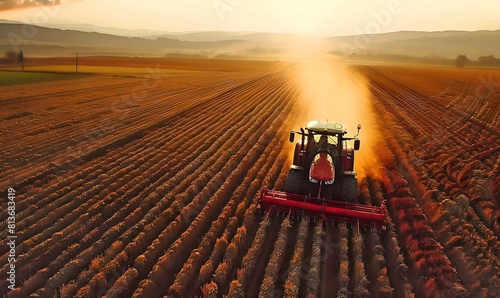 A tractor plowing a field at sunset, creating dramatic dust clouds in a scenic rural landscape.
