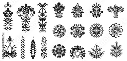 Floral vintage ornaments set. Decorative plants silhouettes decorations. Isolated black rosettes, vector collection