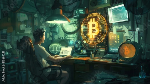 Cryptocurrency trader at desk with screens, mining Bitcoin, surrounded by tech
