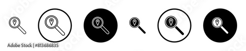 Search Location vector icon set. find place location pin with magnify glass vector symbol suitable for apps and websites UI designs.