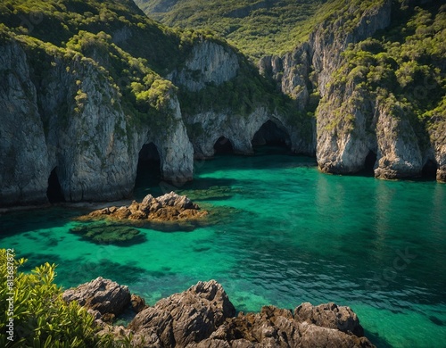 A secluded cove hidden along the coastline, with emerald-green waters framed by towering cliffs and lush vegetation.