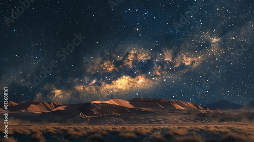 Under a sky full of stars, the desert comes alive with its golden sand dunes and rugged mountains.