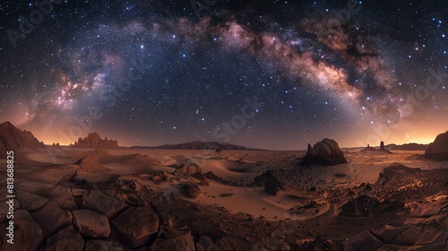 Amazing beautiful starry sky over the fantastic desert landscape with red rocks and sand dunes at night.