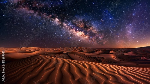 Amazing beautiful night sky full of stars in the middle of the desert with sand dunes.